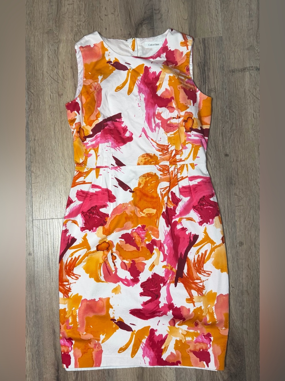Calvin Klein White Sheath Dress with Pink & Orange Floral Brushstrokes